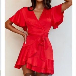 SELFIE LESLIE CAMI ANGEL SLEEVE FAUX WRAP DRESS RED (medium)
